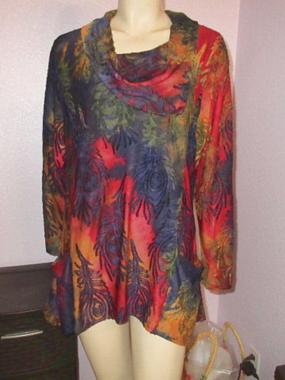 Kamana Velvet Jacquard Tunic Top Size XL Pockets Asymmetrical Cowl Artsy Boho